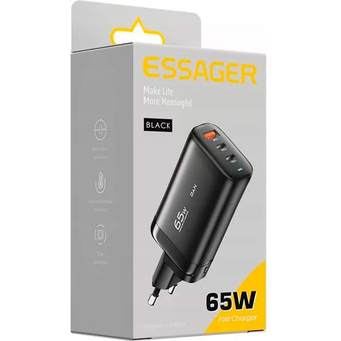 Зарядное устройство ESSAGER Shining 65W 1xUSB-A, 2xUSB-C, PD3.0, QC3.0 GaN Travelling Charger Black (ECT2CA-MYB01)