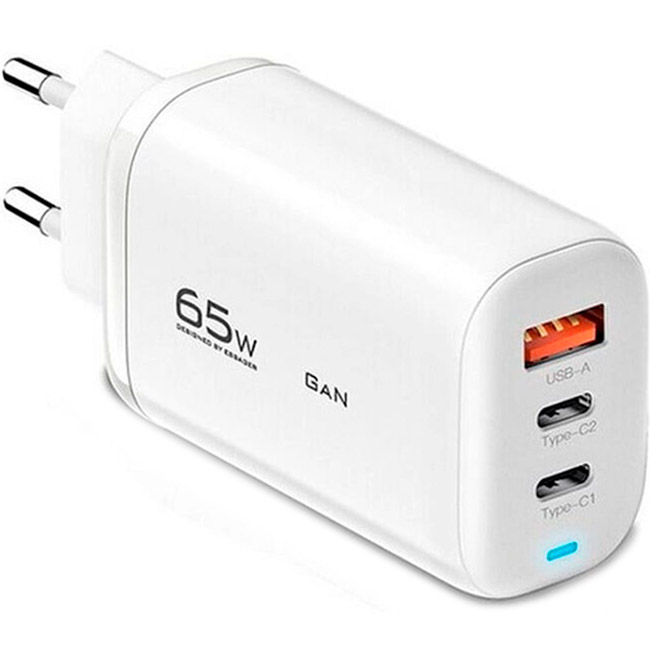 Зарядний пристрій ESSAGER Shining 65W 1xUSB-A, 2xUSB-C, PD3.0, QC3.0 GaN Travelling Charger White (ECT2CA-MYB02)