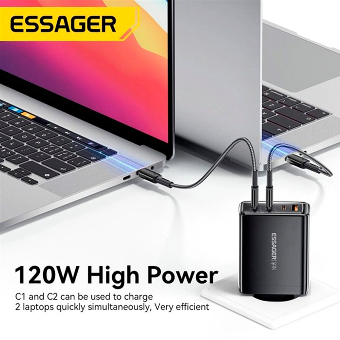 Зарядний пристрій ESSAGER Extreme 120W 1xUSB-A, 3xUSB-C, PD3.0, QC4.0 GaN Fast Charger Black (ECT3CA-JZB01-Z)