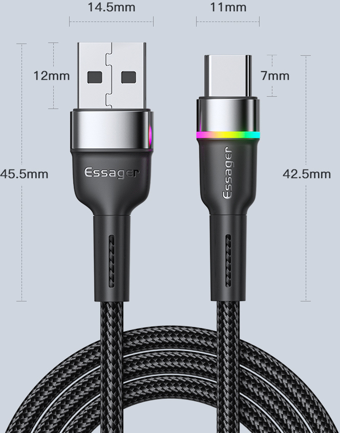 Кабель ESSAGER Colorful LED Fast Charging Cable 3A USB-A to Type-C 0.5м Black (EXCT-XCDB01)