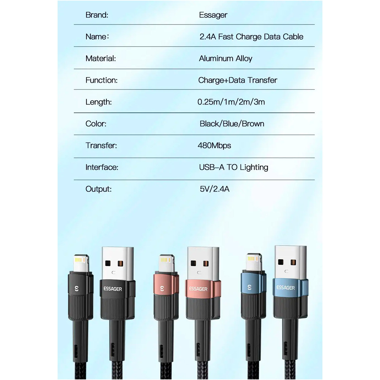 Кабель ESSAGER Star Fast Charging Data Cable 2.4A USB-A to Lightning 2м Blue (EXCL-XCA03)