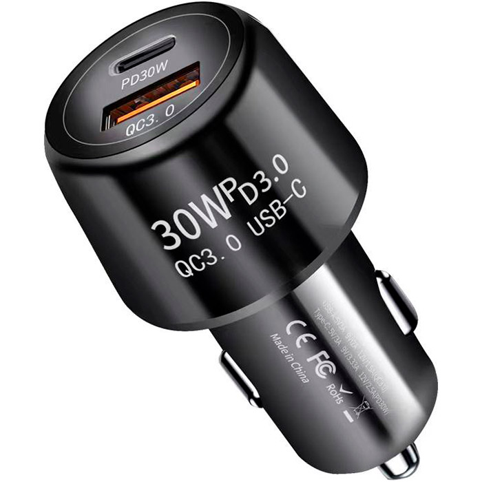 Автомобильное зарядное устройство XOKO CQC-220 1xUSB-A, 1xUSB-C, PD30W, QC3.0 Black (CQC-220-BK)