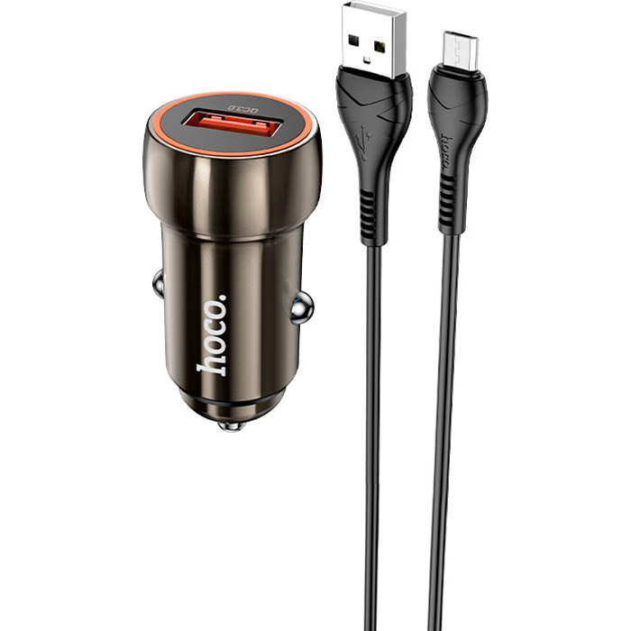 Автомобільний зарядний пристрій HOCO Z46 1xUSB-A, QC3.0 Metal Gray w/Micro-USB cable (6931474770295)