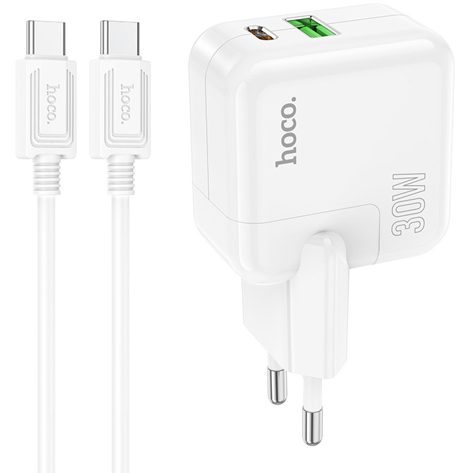 Зарядное устройство HOCO C111A Lucky 1xUSB-A, 1xUSB-C, PD30W, QC3.0 White w/Type-C to Type-C cable (6931474790880)
