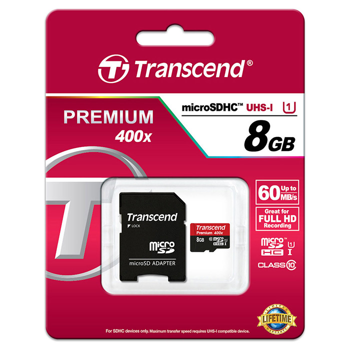 Карта памяти TRANSCEND microSDHC Premium 8GB UHS-I Class 10 + SD-adapter (TS8GUSDU1)