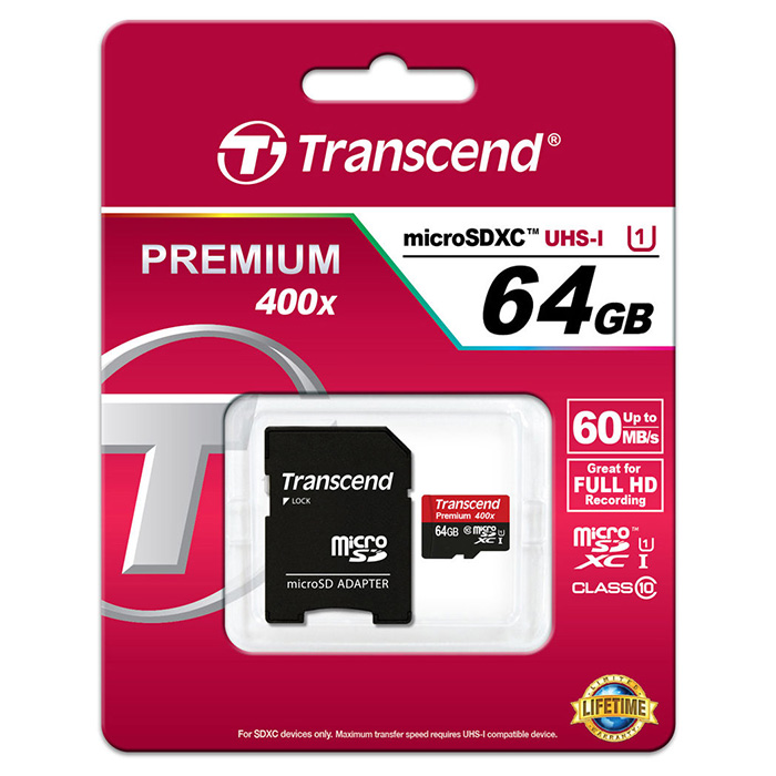 Карта пам'яті TRANSCEND microSDXC Premium 64GB UHS-I Class 10 + SD-adapter (TS64GUSDU1)