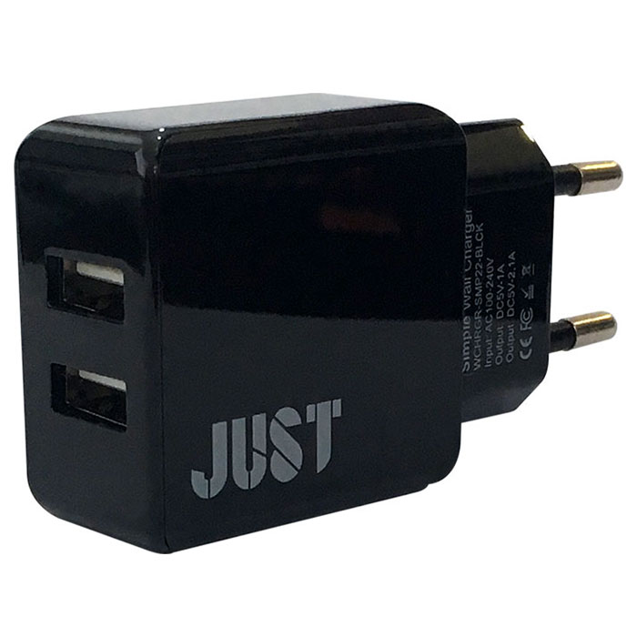 Сетевое зарядное устройство JUST Simple Dual USB Wall Charger Black + microUSB cable