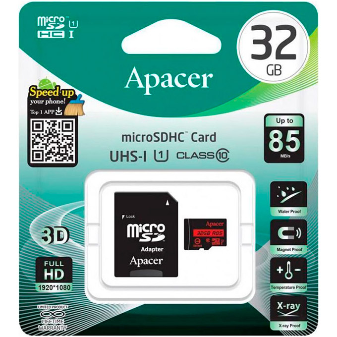 Карта пам'яті APACER microSDHC 32GB UHS-I Class 10 + SD-adapter (AP32GMCSH10U5-RA)