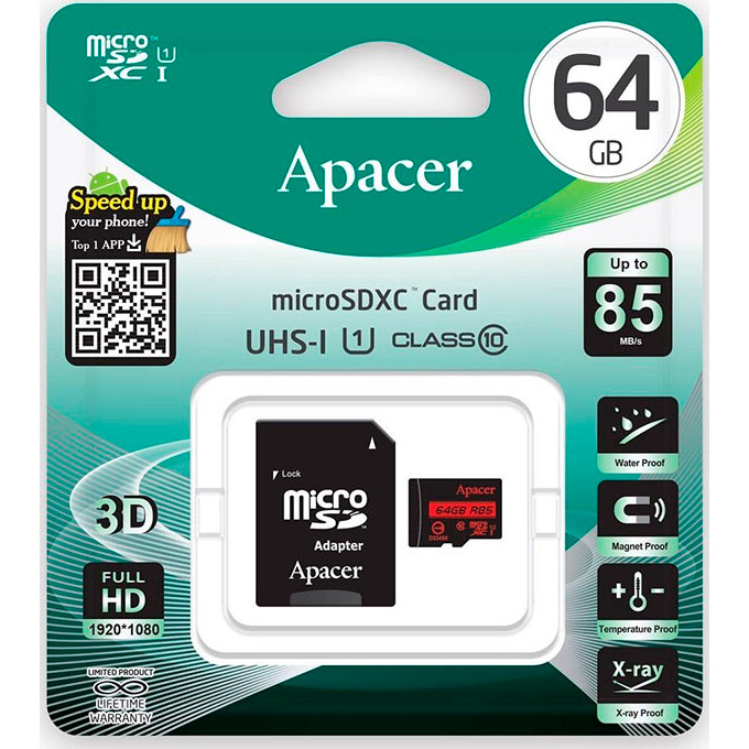 Карта памяти APACER microSDXC 64GB UHS-I Class 10 + SD-adapter (AP64GMCSX10U5-RA)