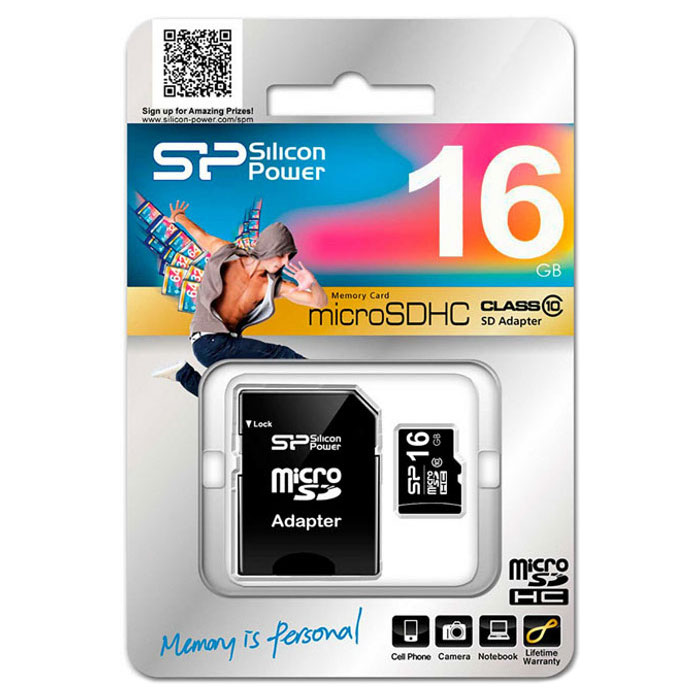 Карта памяти SILICON POWER microSDHC 16GB Class 10 + SD-adapter (SP016GBSTH010V10SP)