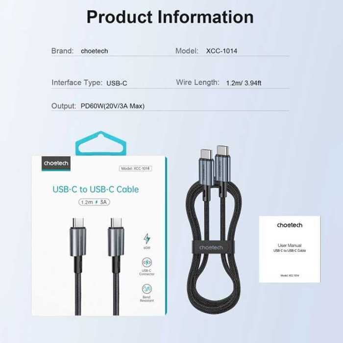 Кабель CHOETECH XCC-1014 Type-C to Type-C 60W Cable 1.2м Black (XCC-1014-BK)