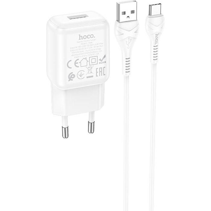 Зарядний пристрій HOCO C96A 1xUSB-A, 2.1A White w/Type-C cable (6931474766038)