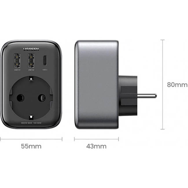 Зарядное устроство UGREEN CD314 30W 1xUSB-C, 2xUSB-A, 1xAC, PD3.0, QC4.0 Wall Charger Black (90613)