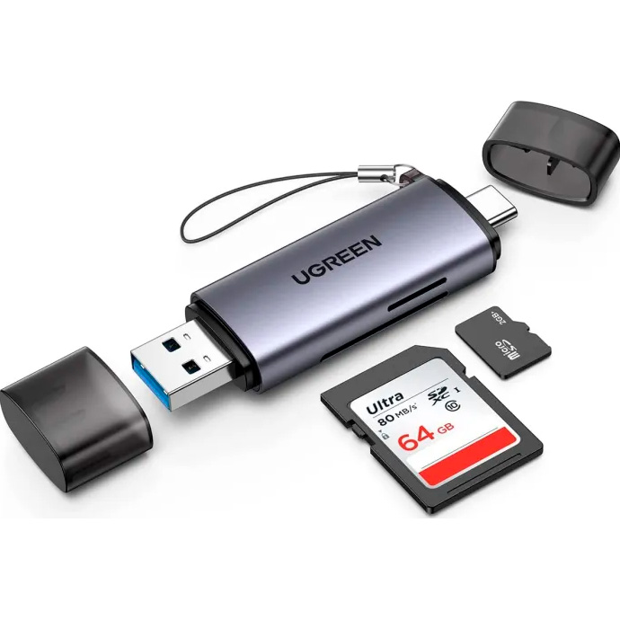 Кардрідер UGREEN CM185 USB Type-C + USB3.0 for TF/SD Card Reader Gray (50706)