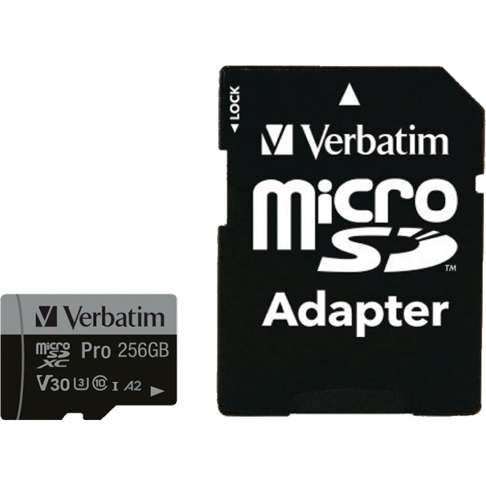 Карта пам'яті VERBATIM microSD Pro 256GB UHS-I U3 V30 A2 Class 10 + SD-adapter (47045)