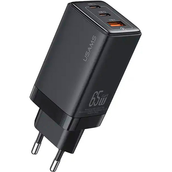 Зарядний пристрій USAMS US-CC180 Sandru 65W 3 Ports GaN Fast Charger Black (CC180TC01)