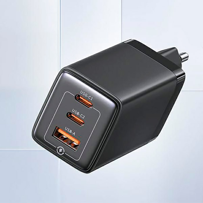 Зарядний пристрій USAMS US-CC180 Sandru 65W 3 Ports GaN Fast Charger Black (CC180TC01)