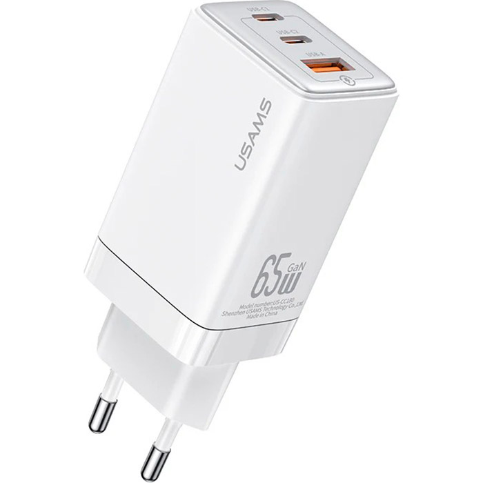 Зарядний пристрій USAMS US-CC180 Sandru 65W 3 Ports GaN Fast Charger White (CC180TC02)