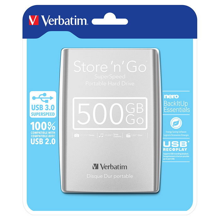 Портативный жёсткий диск VERBATIM Store 'n' Go 500GB USB3.0 Silver (53021)