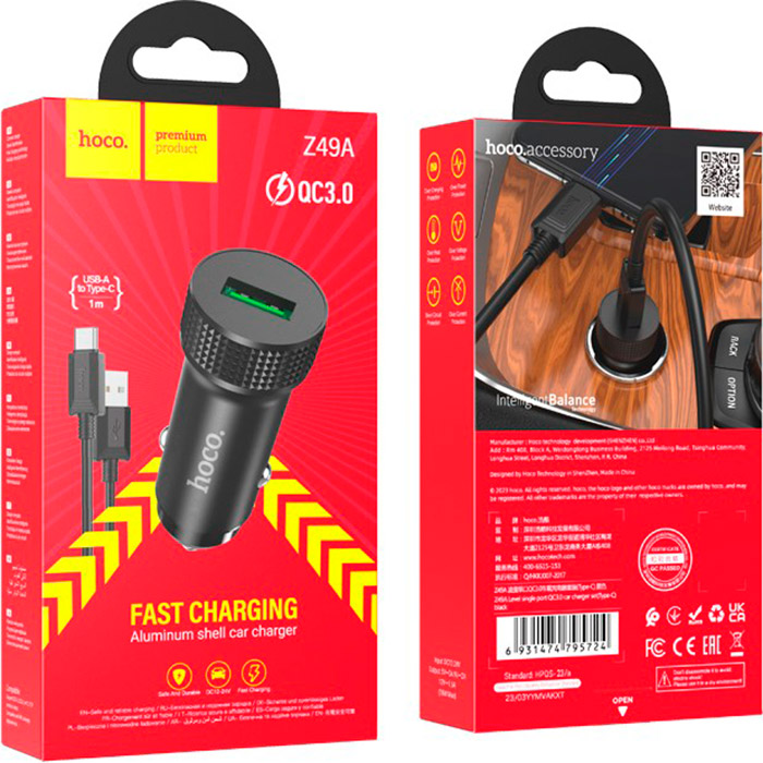 Автомобільний зарядний пристрій HOCO Z49A Level Single Port 1xUSB-A, QC3.0 18W Black w/Type-C cable (6931474795724)