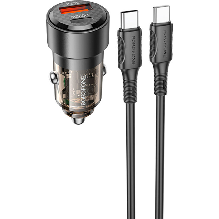 Автомобільний зарядний пристрій BOROFONE BZ20 Smart 1xUSB-A, 1xUSB-C, PD20W, QC3.0, 38W Black w/Type-C to Type-C cable