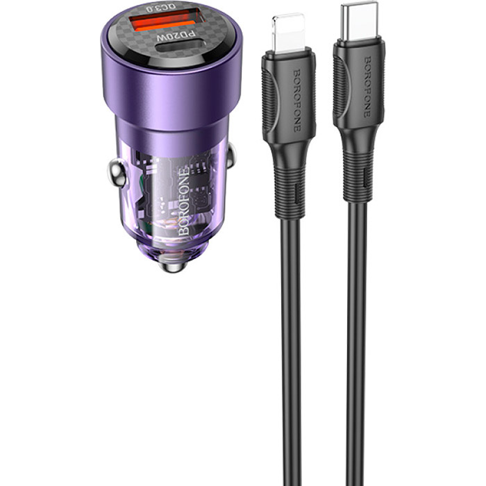 Автомобильное зарядное устройство BOROFONE BZ20 Smart U+C PD20W, QC3.0, 38W Transparent Purple w/Type-C to Lightning cable