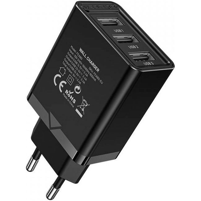 Зарядное устройство VENTION Three-Port USB-A 12W Wall Charger Black (FEAB0-EU)