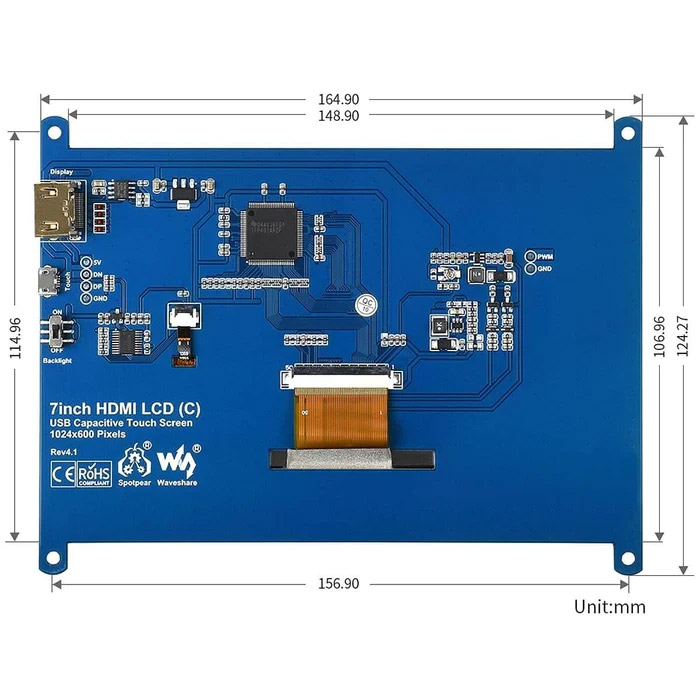 Дисплей WAVESHARE 7" 1024x600 LCD IPS Resistive TS HDMI for Pi 3/4/Zero (RA418)