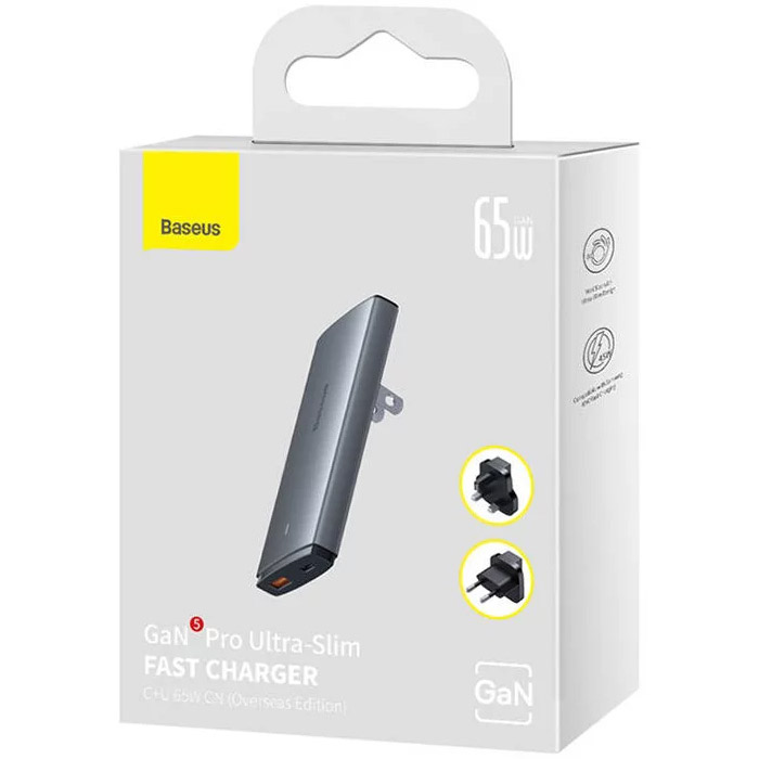 Зарядное устройство BASEUS GaN5 Pro Ultra-Slim Fast Charger C+U 65W Overseas Edition Gray w/Type-C to Type-C cable (CCGP150113)