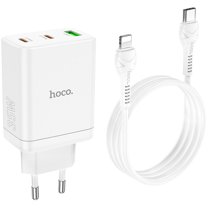 Зарядний пристрій HOCO N33 Start 1xUSB-A, 2xUSB-C PD35W White w/Type-C to Lightning cable (6931474795090)