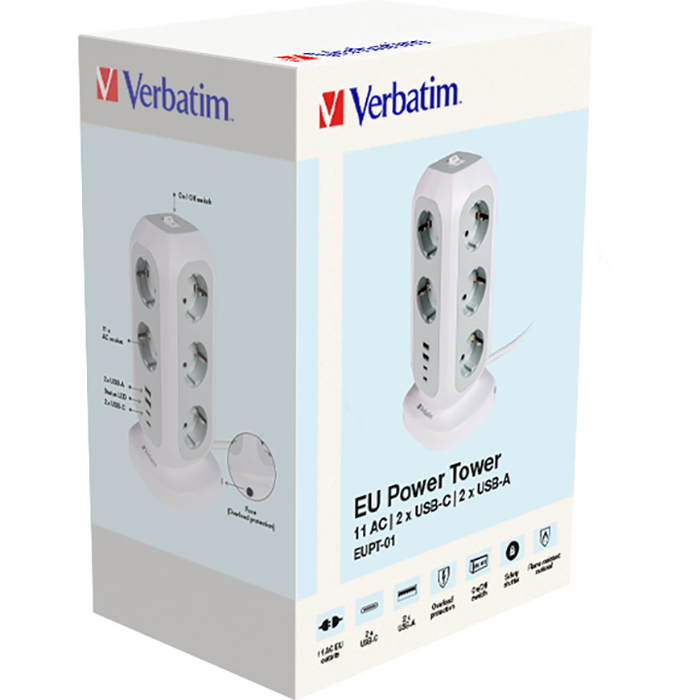 Сетевой фильтр VERBATIM EUPT-01 White, 11 розеток, 2xUSB-C, 2xUSB, 2м