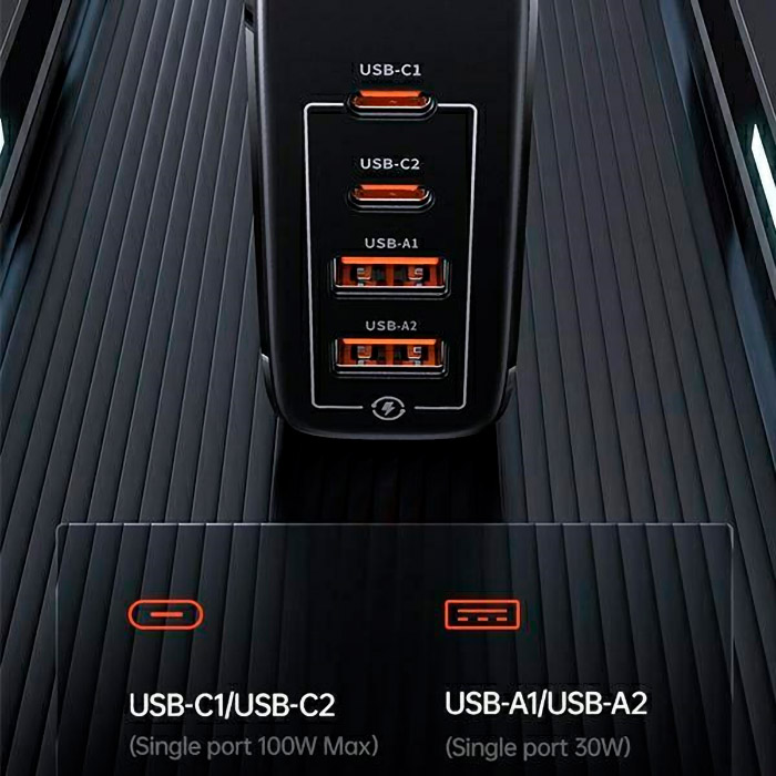 Зарядний пристрій USAMS UC-TZ01 T44 100W 4 Ports GaN Fast Charger Black w/Type-C to Type-C cable (UCTZ01)