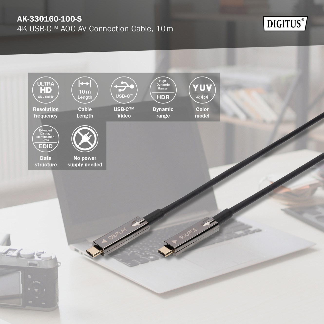 Кабель оптический (AOC) DIGITUS 4K AV Connection Cable USB-C 10м Black (AK-330160-100-S)