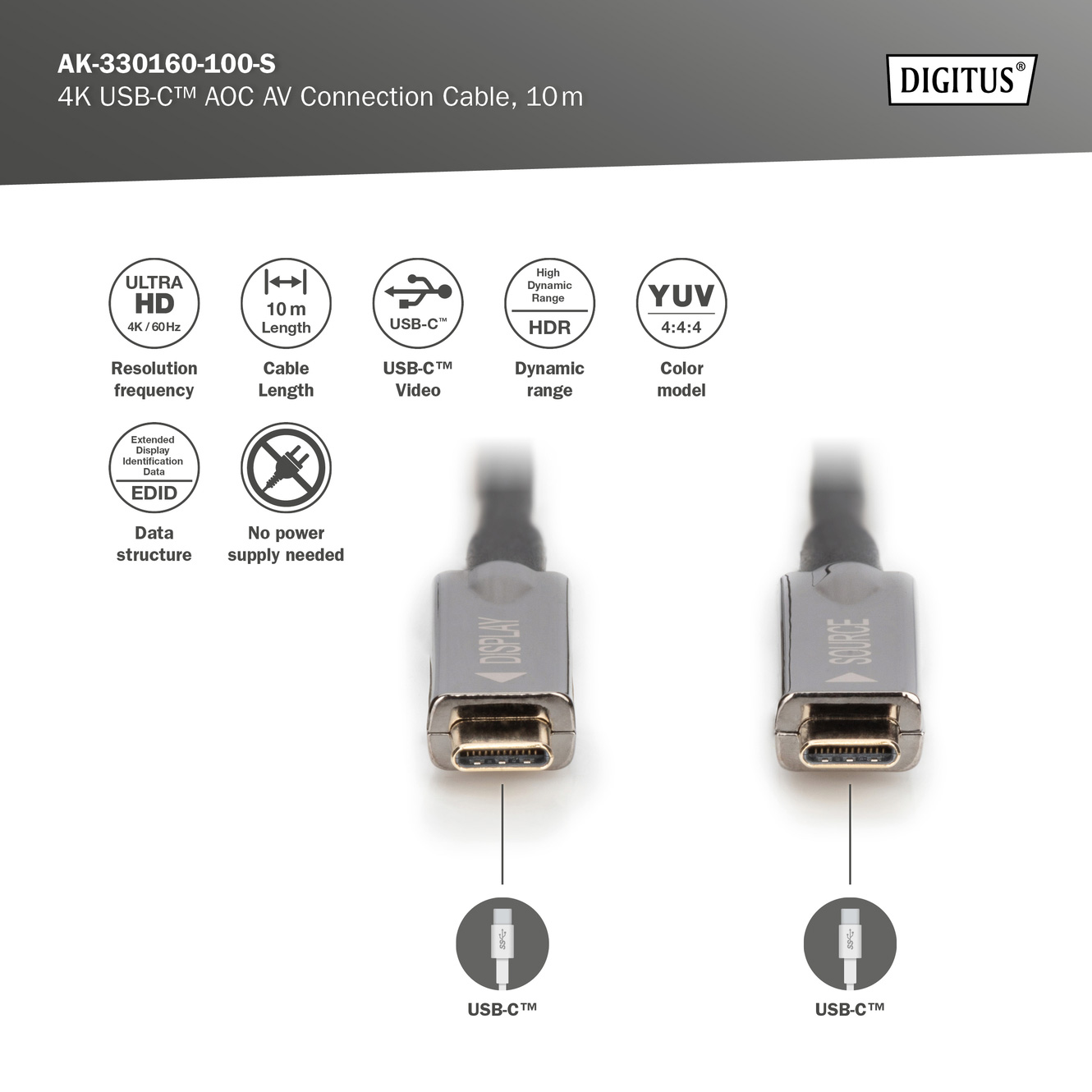 Кабель оптический (AOC) DIGITUS 4K AV Connection Cable USB-C 10м Black (AK-330160-100-S)