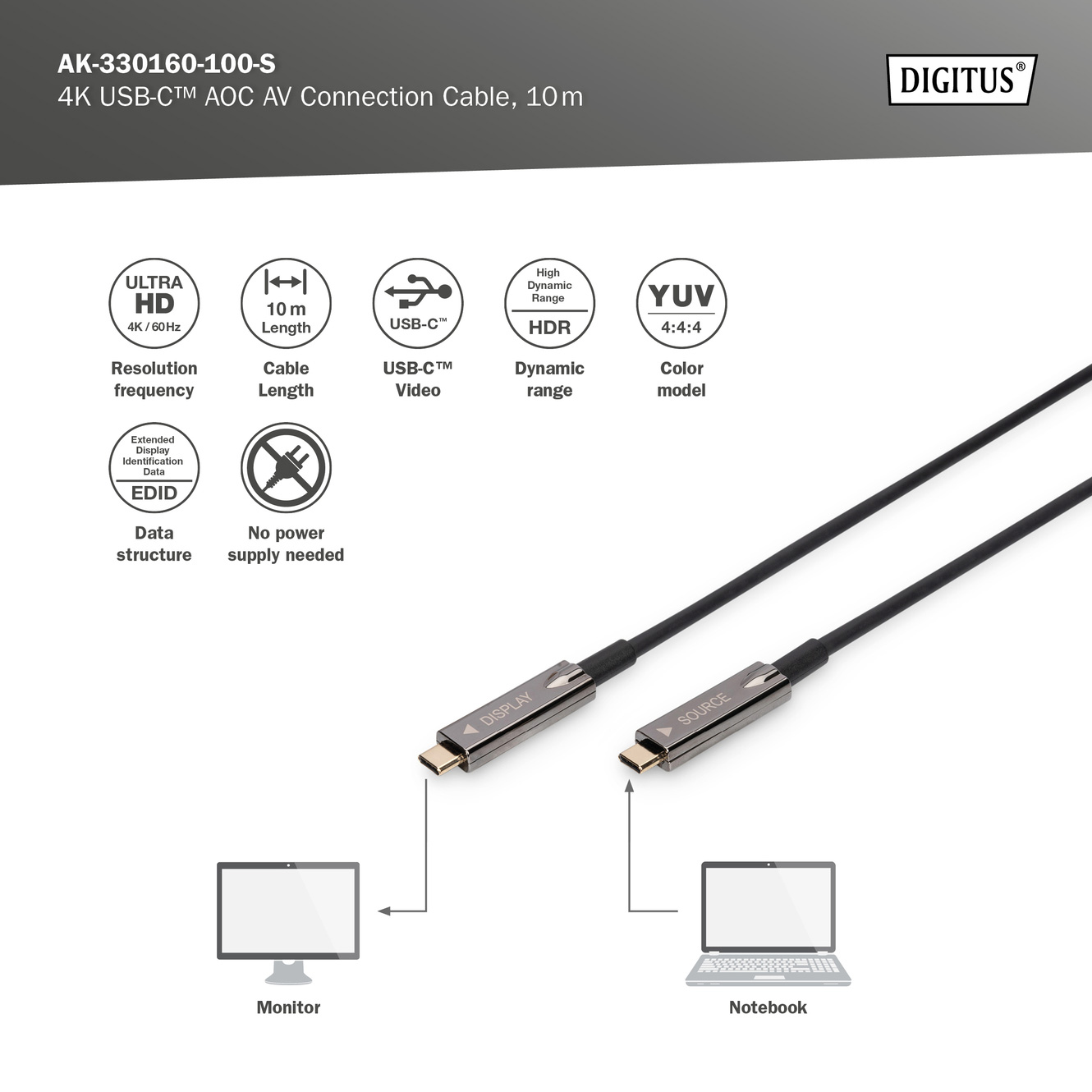 Кабель оптический (AOC) DIGITUS 4K AV Connection Cable USB-C 10м Black (AK-330160-100-S)