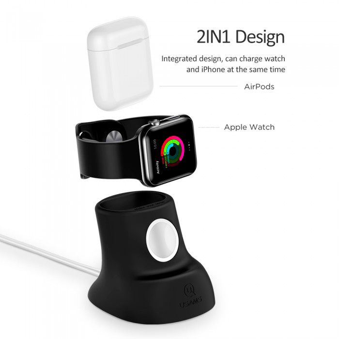 Беспроводное зарядное устройство USAMS US-ZJ051 2-in-1 Silicon Charging Holder for Apple Watch and AirPods Black (ZJ51ZJ01)