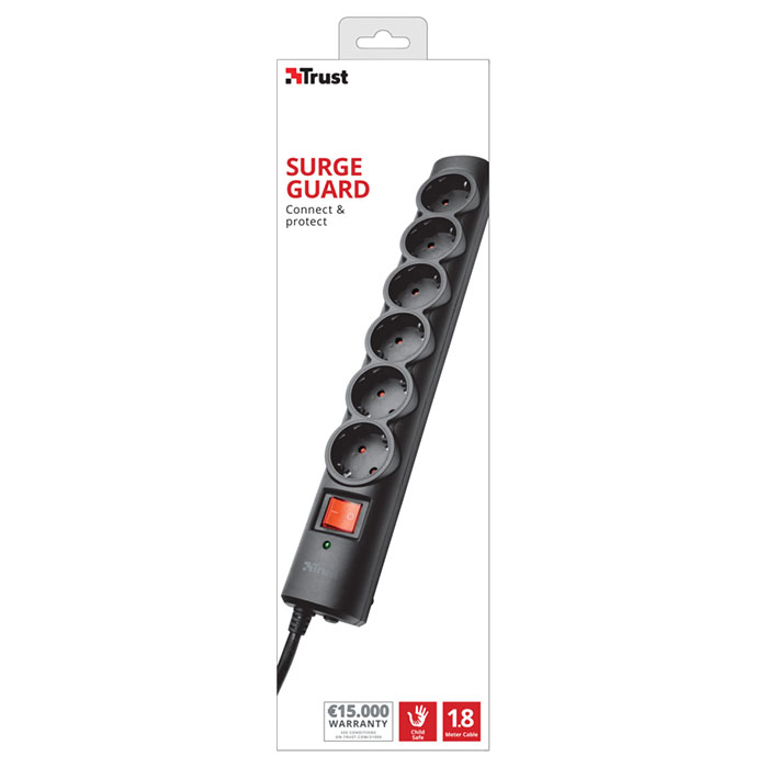 Сетевой фильтр TRUST Surge Protector 6 Black, 6 розеток, 1.8м (21059)