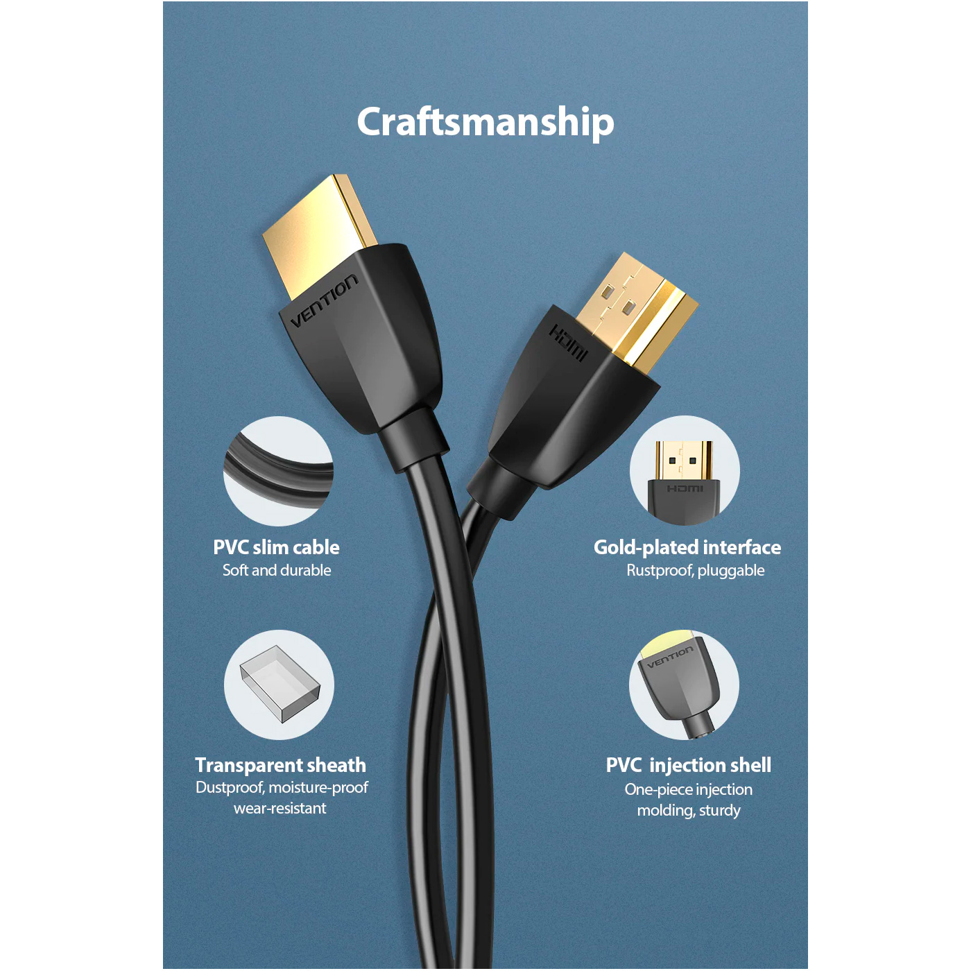 Кабель VENTION Portable 4K@60Hz Male to Male HDMI v2.0 0.5м Black (AAIBD)