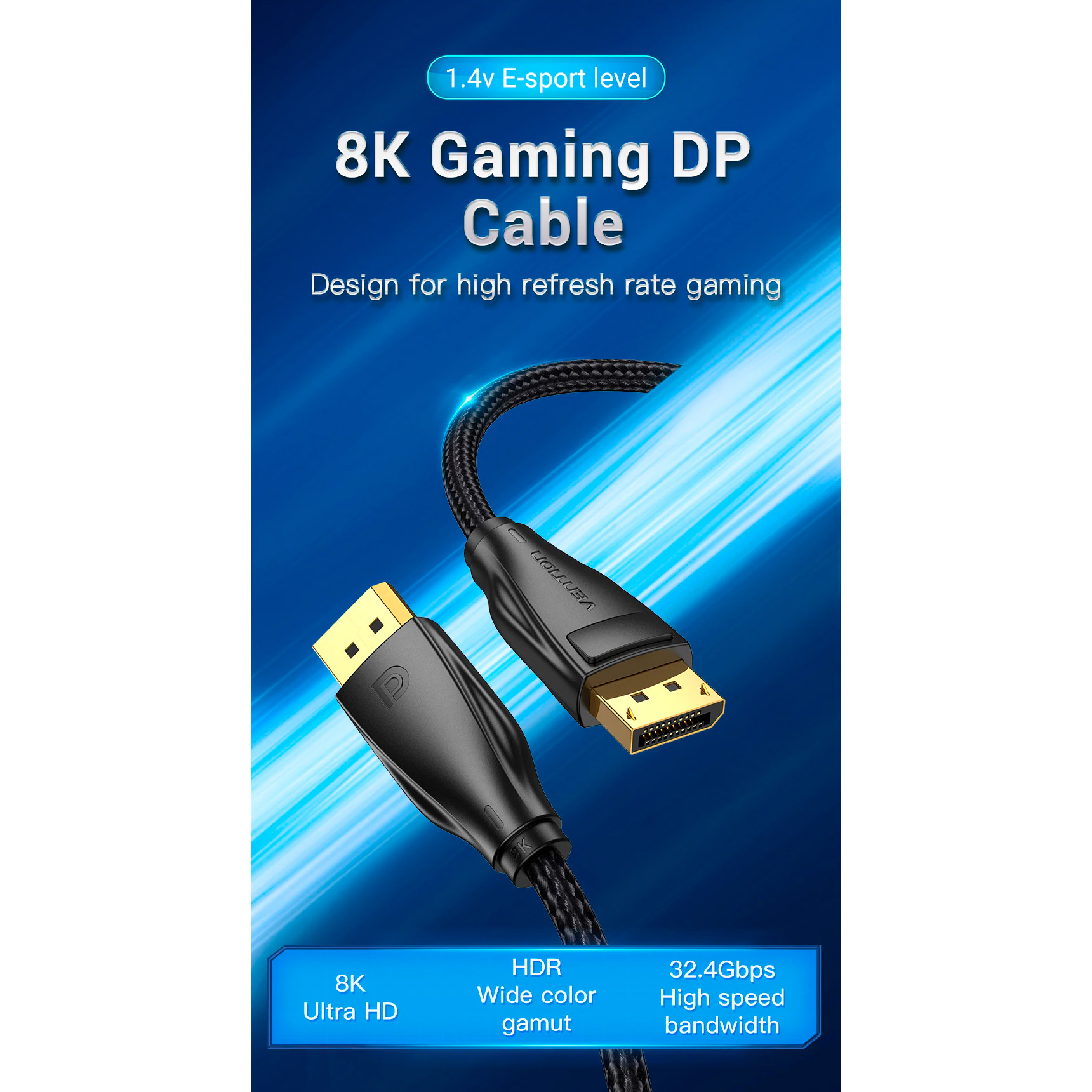 Кабель VENTION 8K Gaming DisplayPort Cable DisplayPort 1.5м Black (HCCBG)
