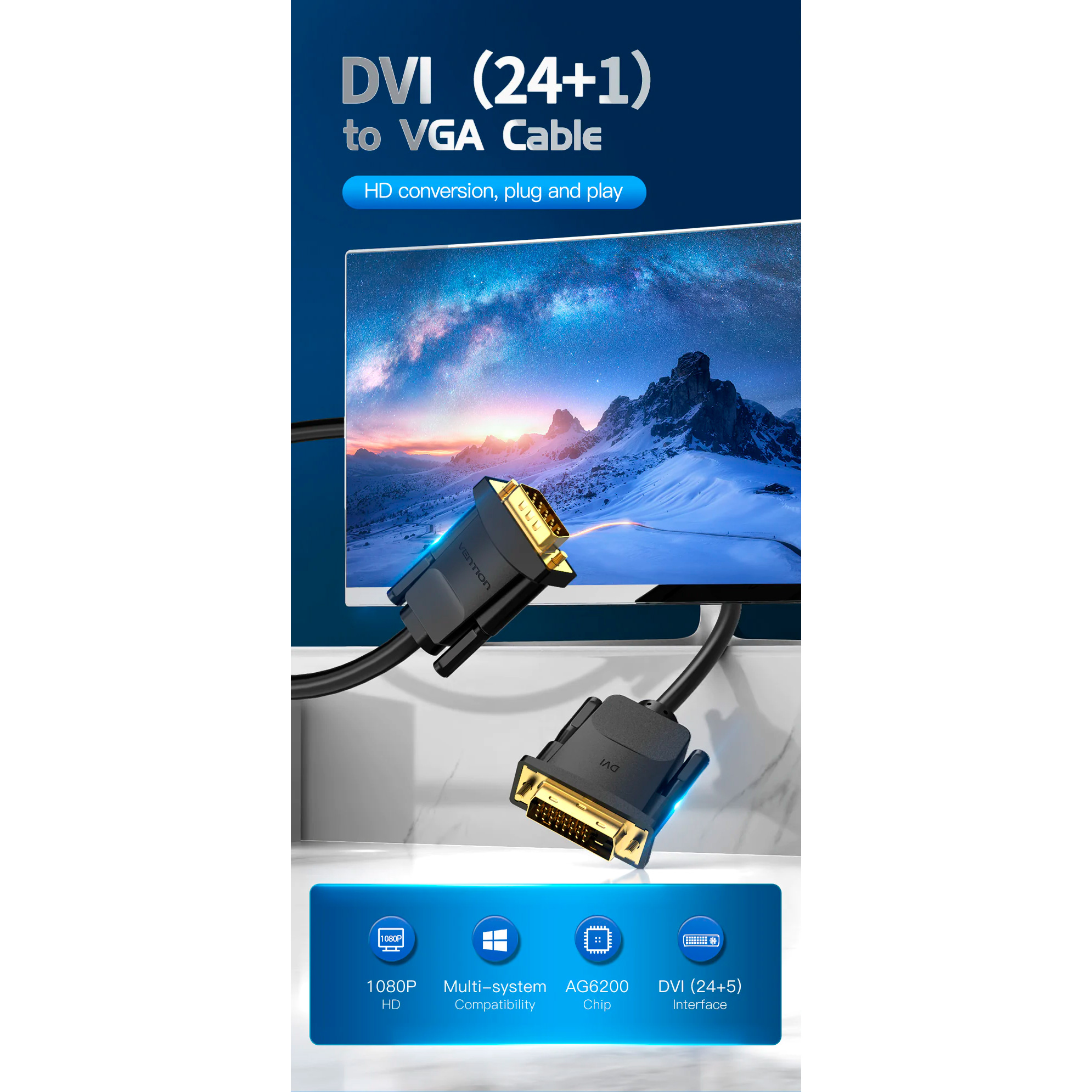 Кабель VENTION DVI - VGA 1.5м Black (EABBG)