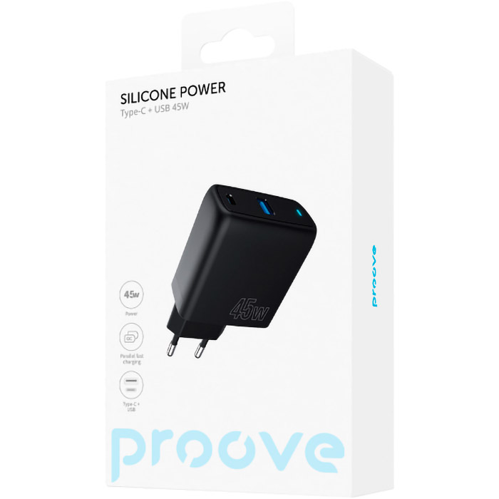 Зарядное устройство PROOVE Silicone Power Plus 45W 1xUSB-A, 1xUSB-C, PD3.0, QC3.0 Black