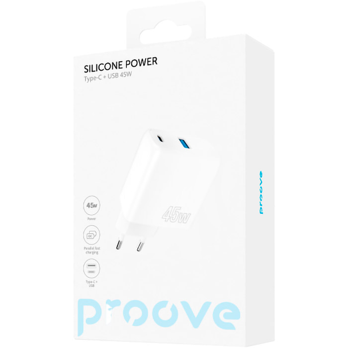 Зарядное устройство PROOVE Silicone Power Plus 45W 1xUSB-A, 1xUSB-C, PD3.0, QC3.0 White