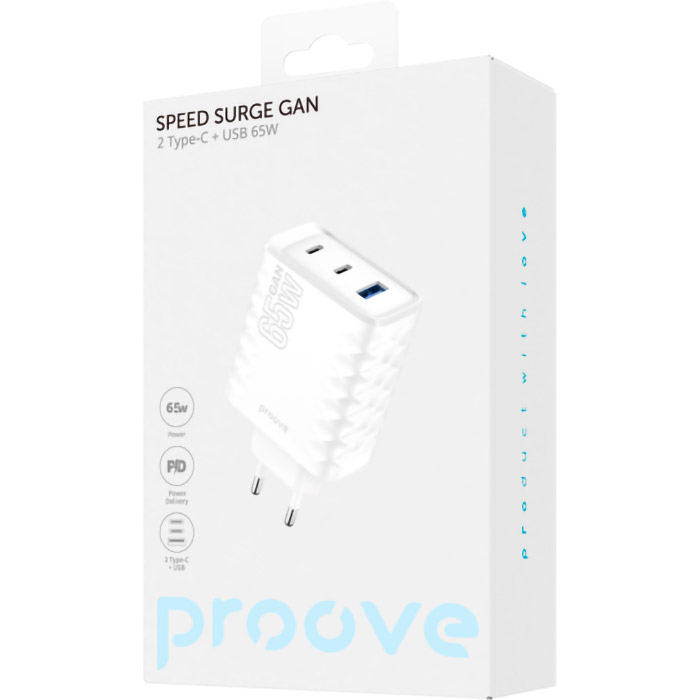 Зарядное устройство PROOVE Speed Surge Gan 65W 1xUSB-A, 2xUSB-C, PD3.0, QC3.0 White
