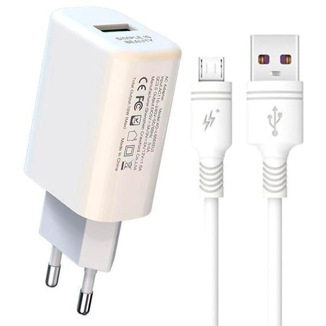 Зарядний пристрій XO L85 1xUSB-A, QC3.0, 18W White w/Micro-USB cable (XO-L85M-WH)