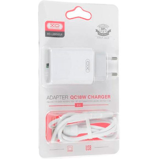 Зарядное устройство XO L85 1xUSB-A, QC3.0, 18W White w/Micro-USB cable (XO-L85M-WH)