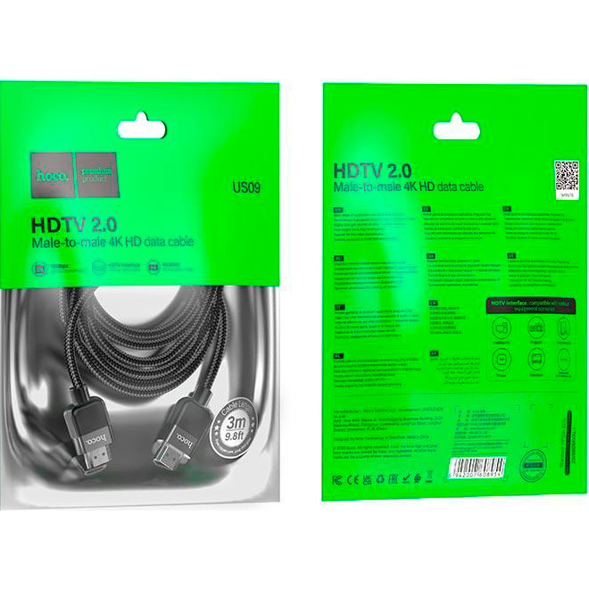 Кабель HOCO US09 Cutting-Edge Male to Male 4K HD Data Cable HDMI v2.0 3м Black (6942007608978)