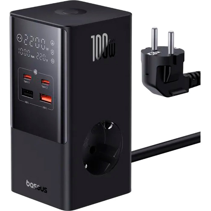 Зарядний пристрій BASEUS GaN PowerCombo Tower Power Strip 2AC+2U+2C 100W Black (E00023609113-00)