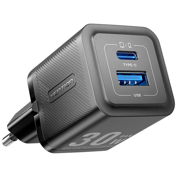 Зарядное устройство VENTION GaN III 1xUSB-A, 1xUSB-C, PD3.0, QC3.0, 30W Wall Charger Black (FEQB0-EU)