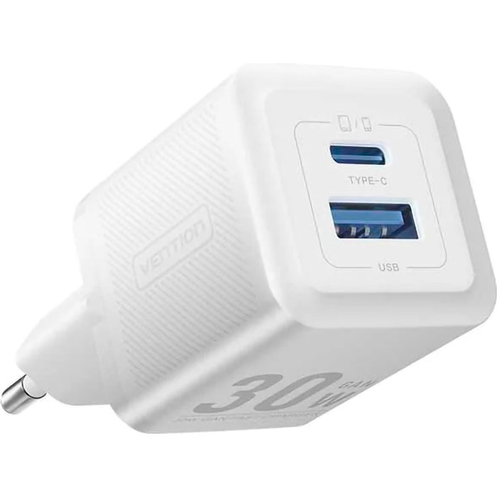 Зарядное устройство VENTION GaN III 1xUSB-A, 1xUSB-C, PD3.0, QC3.0, 30W Wall Charger White (FEQW0-EU)