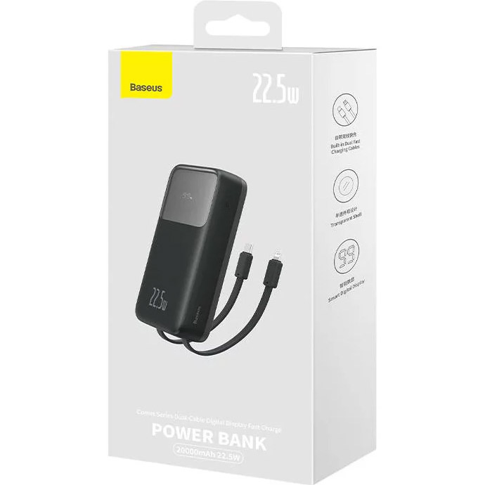 Повербанк BASEUS Comet Series Dual Cable Digital Display Fast Charge Power Bank 22.5W 20000mAh Black (PPMD020101)